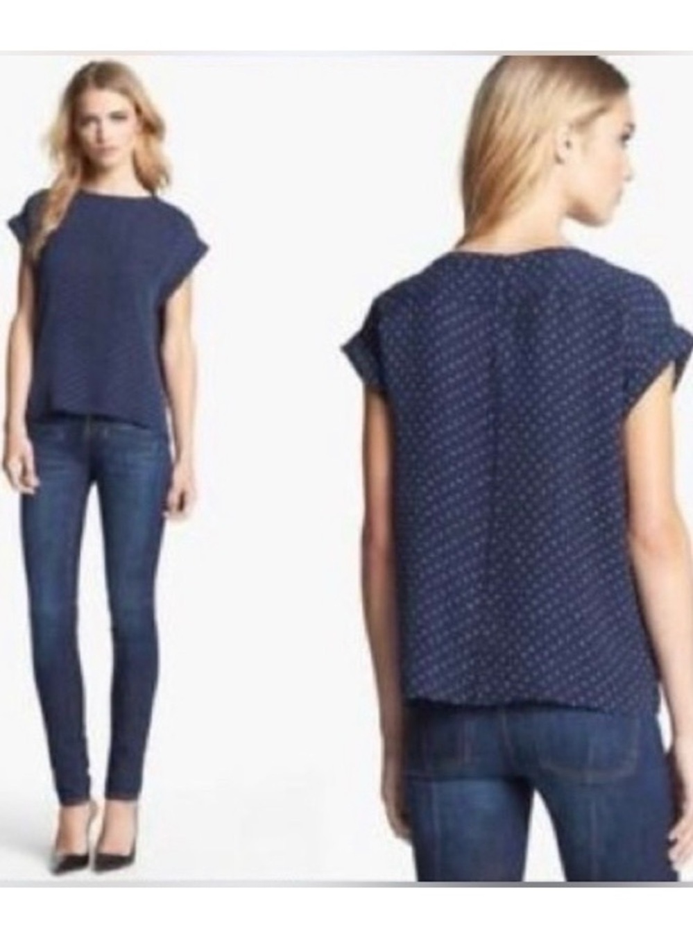 Theory Sorcha Silk Navy Polka Dot Blue Stars Rolled Sleeve Blouse Top Shirt XS
